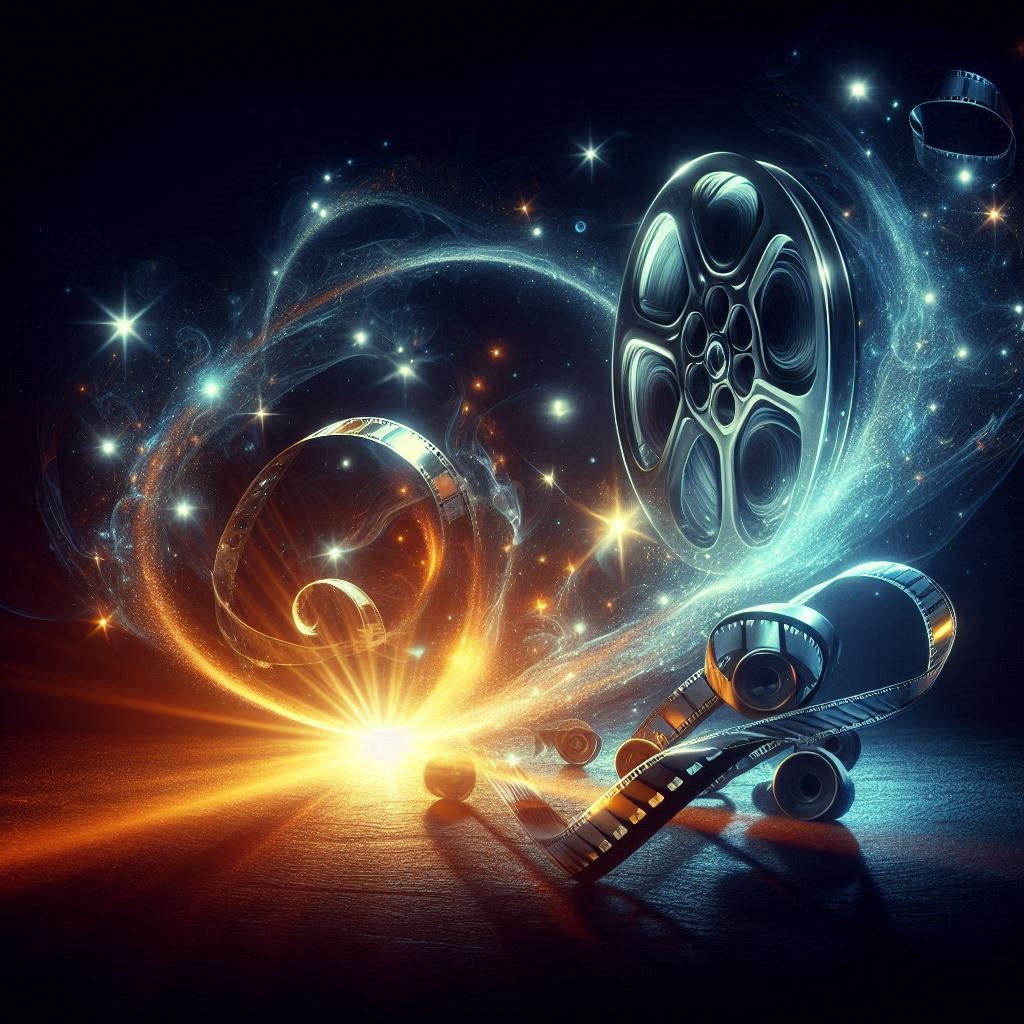 Film reel unraveling into a beam of light, representing a movie's essence