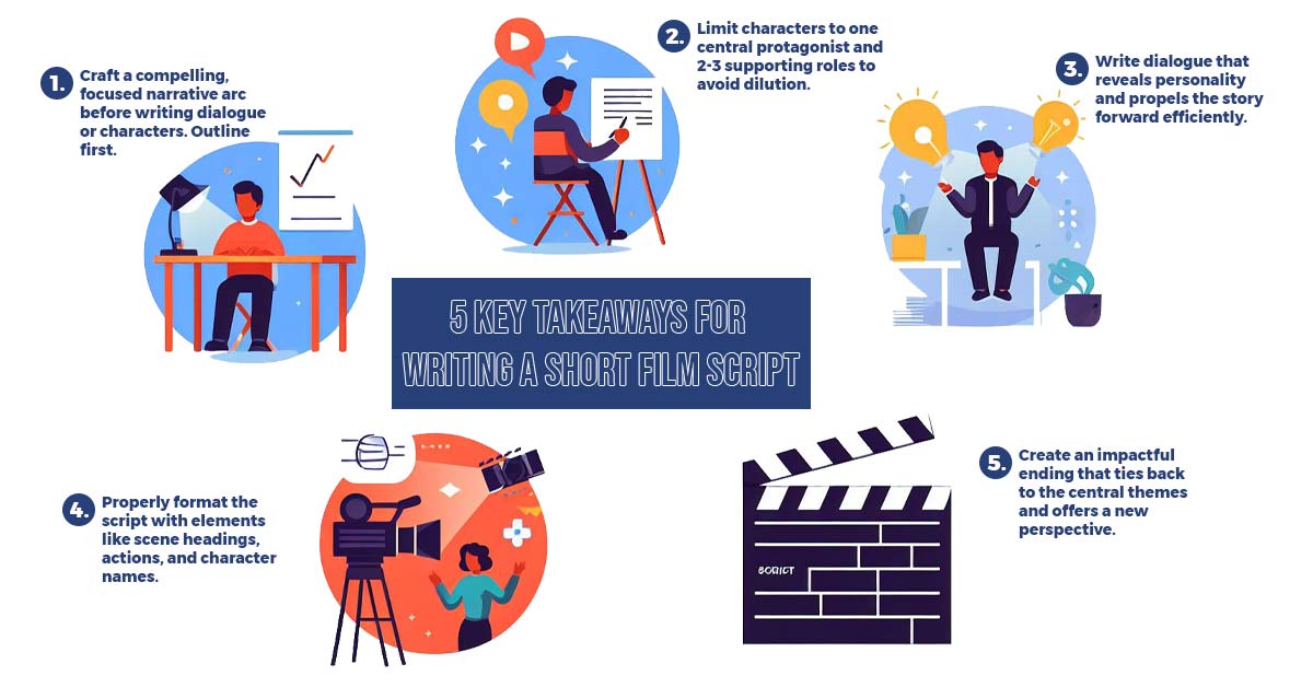 Set of 5 infographic icons for the main takeaways from guide on writing short film scripts