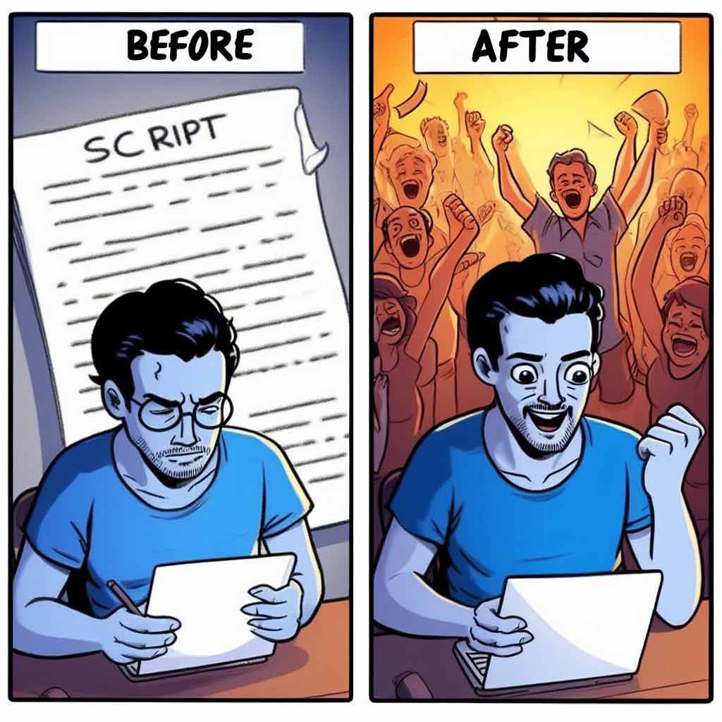 Before and after meme of writer struggling to write then celebrating completing short film script - Cartoon man staring anxiously at blank script page titled "Script" on left side of image. Same man joyfully holding finished script pages on right side.