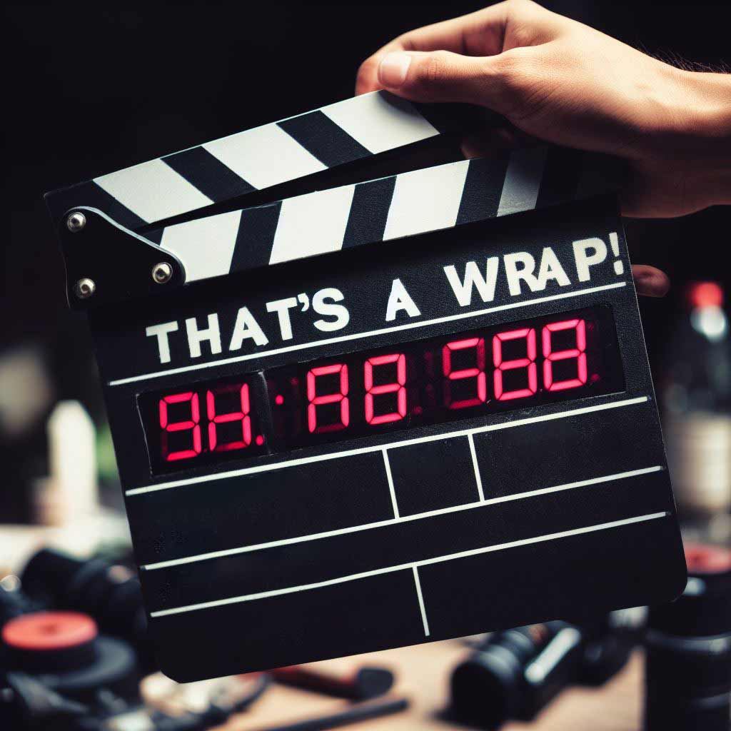 Clapboard with text "That's a wrap!" indicates end of filming