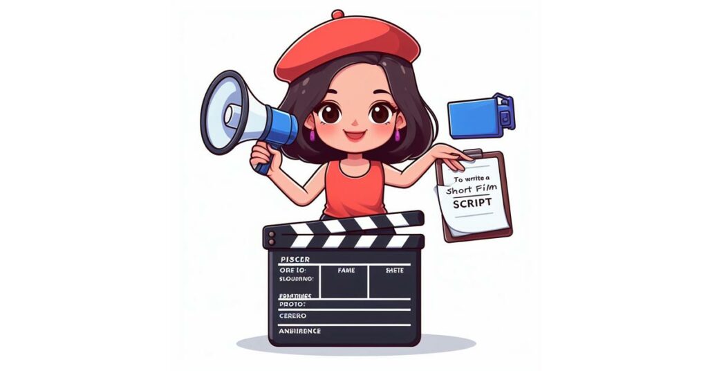 Illustrated character of director holding clapperboard titled "How to Write a Short Film Script"