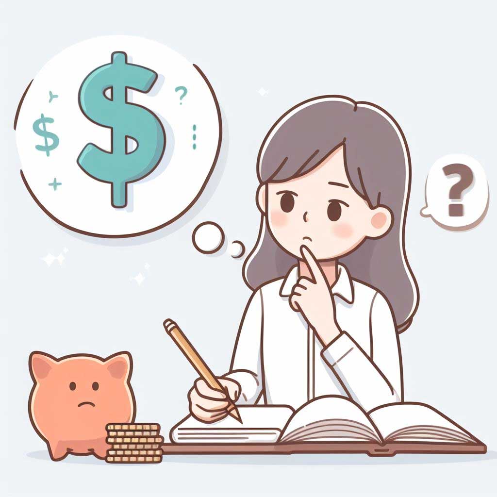 A cartoon of a confused person writing in a notebook, with a thought bubble containing a dollar sign and question mark, representing uncertainty about pay.