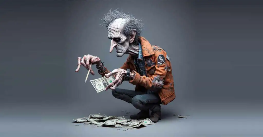 A cartoon of a disheveled, skinny screenwriter wearing a patched jacket. He is excitedly counting out a small pile of dollar bills consisting of a few ones, a five, and a ten dollar bill.
