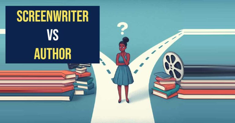A writer stands at a fork in the road pondering two different paths - one path contains a stack of books representing writing novels, the other path is made of film reels denoting screenwriting.