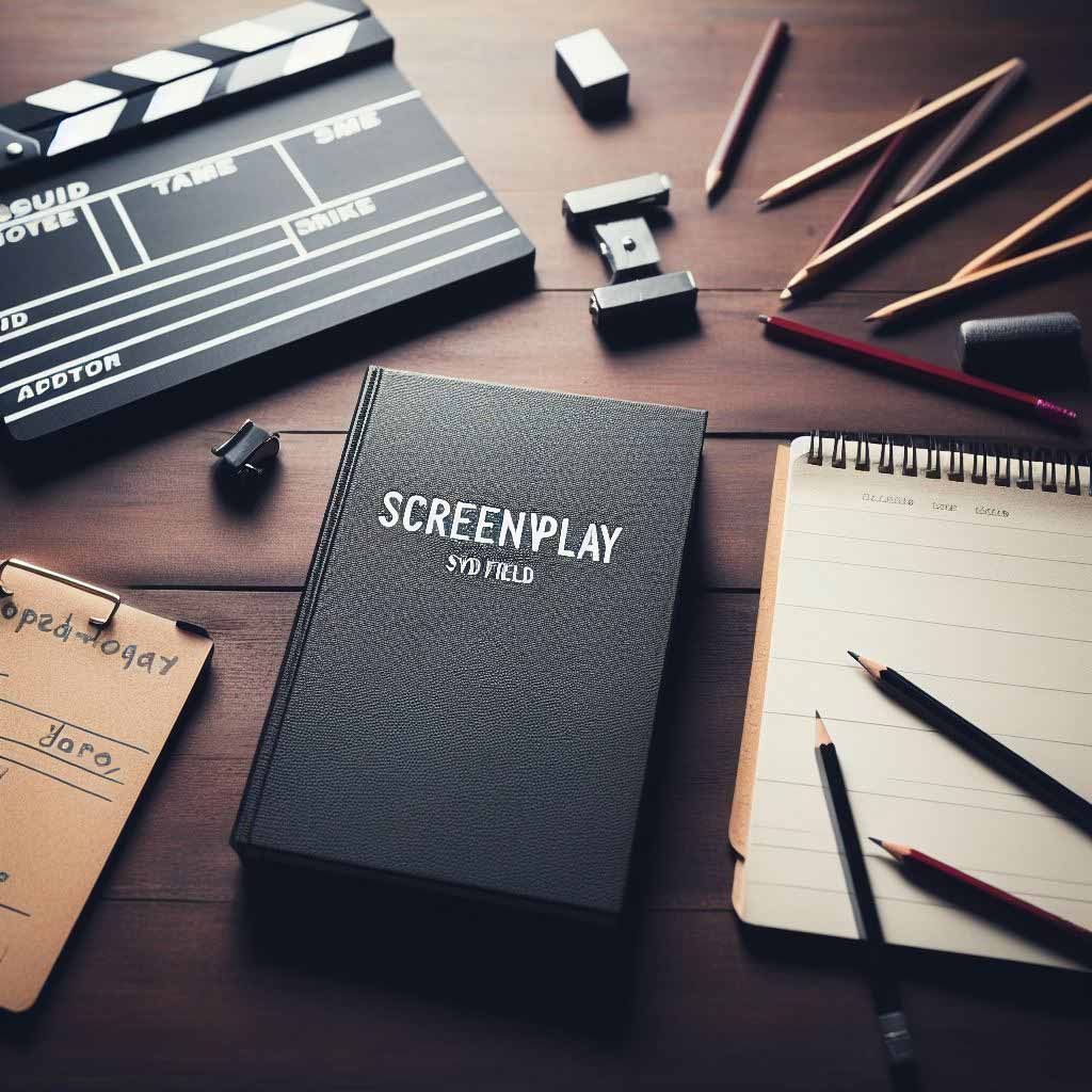 A screenwriting book titled Screenplay by Syd Field sits open next to a clapperboard, notepad, and pencils on a desk. Resources for learning screenwriting craft.
