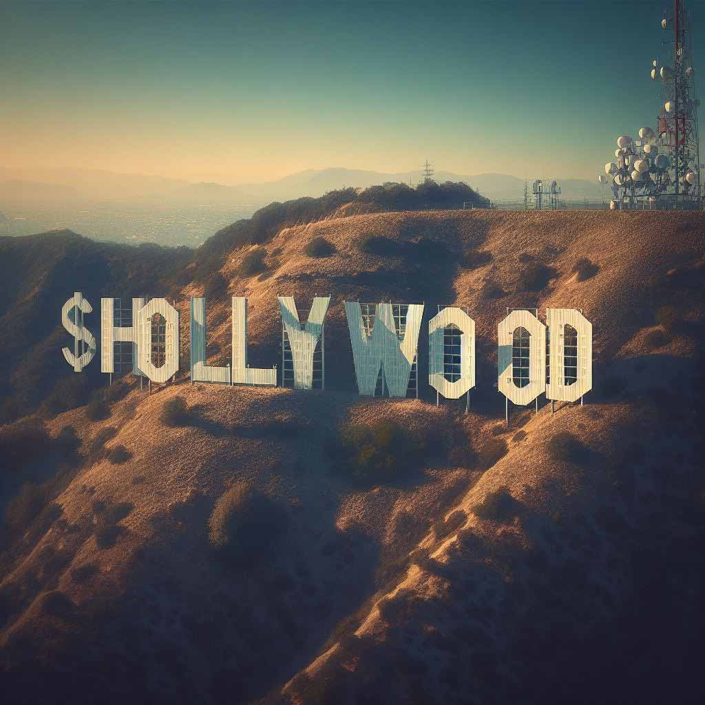 The Hollywood sign shaped from dollar symbols referring to residuals.