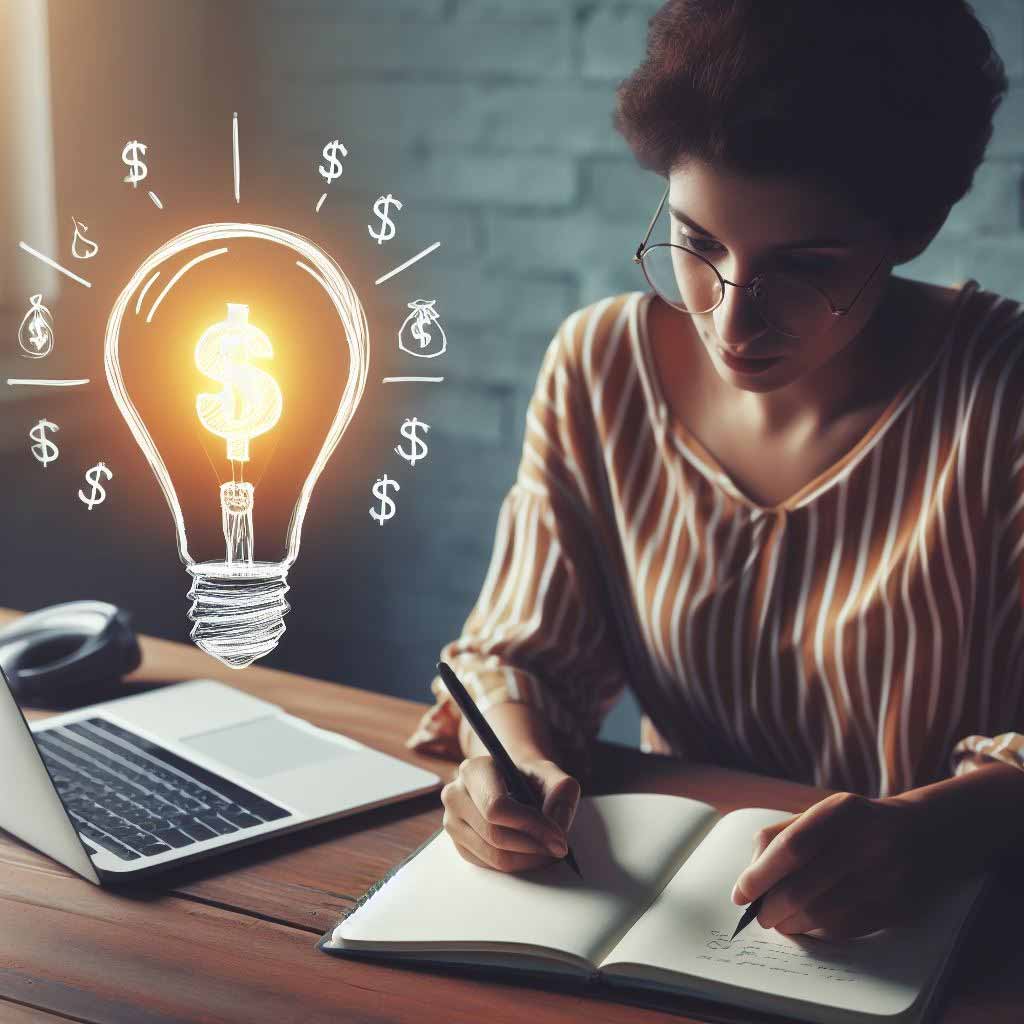 A person sitting at a desk with a lightbulb for an idea above their head, and they are visualizing a dollar sign, denoting hopes for a lucrative script sale.