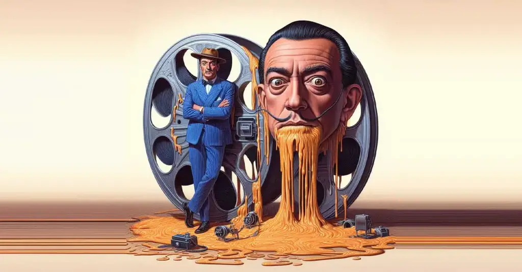 Salvador Dali, pioneer of avant-garde cinema, alongside melting film reel as a representation of experimental short films