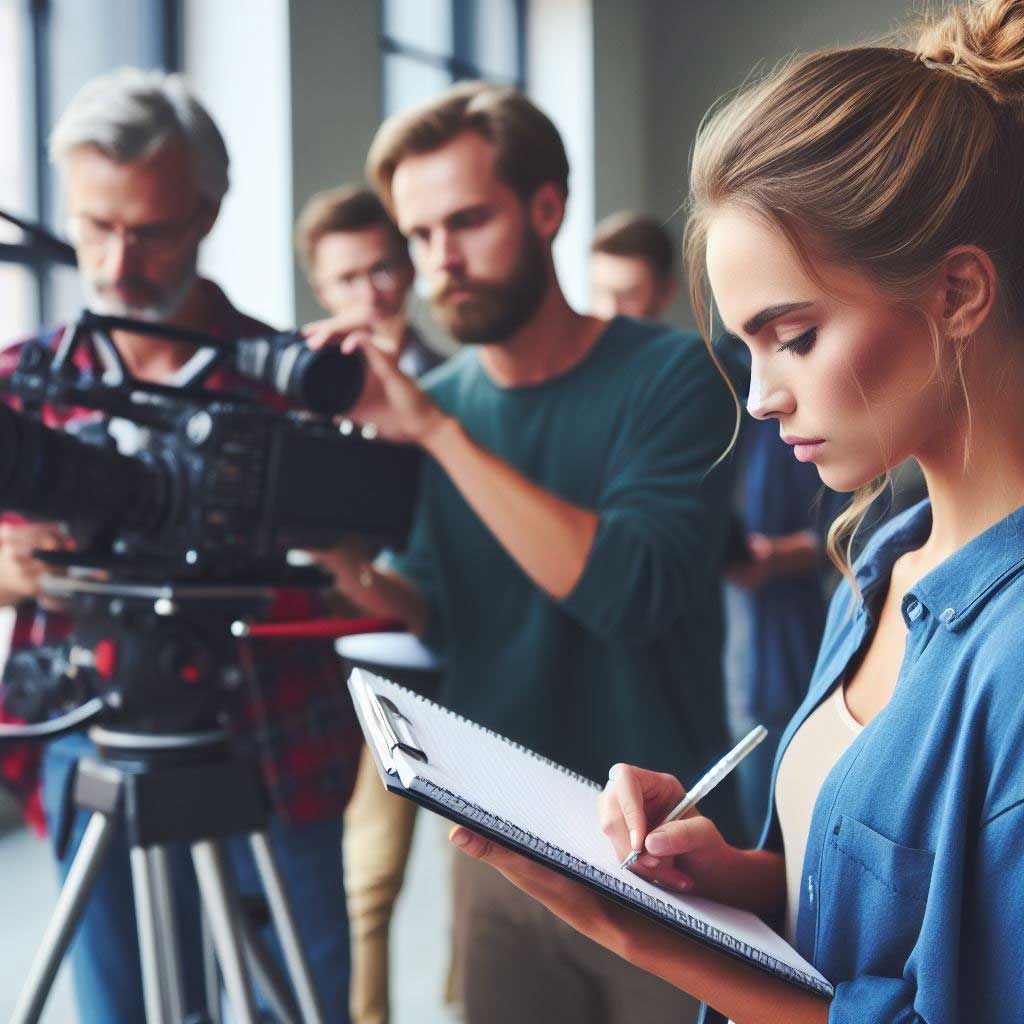 A female screenwriter stands behind a camera crew filming a scene, taking notes on a clipboard with a focused expression.