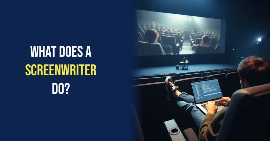 A screenwriter sits in a red velvet theater seat gazing up at a big screen that shows scenes playing out from the script on their laptop.