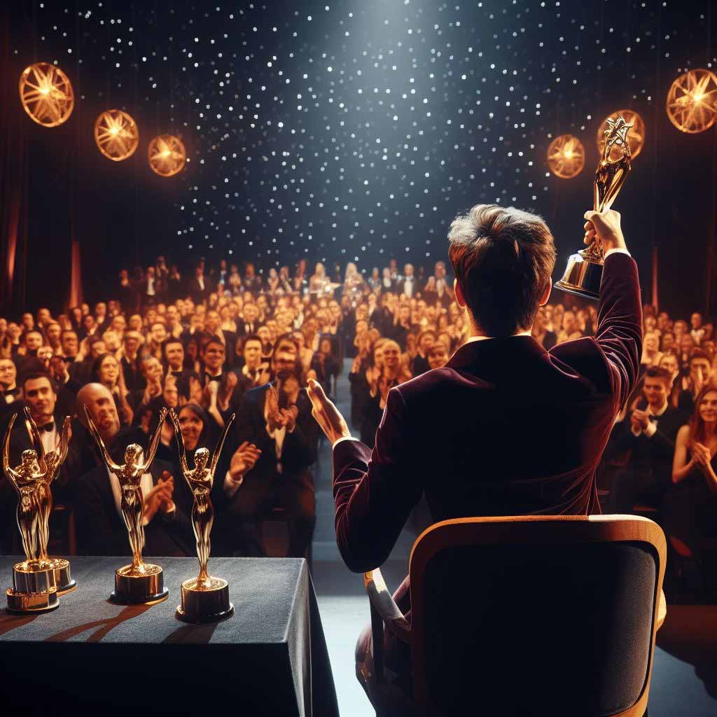 A screenwriter in a tuxedo stands smiling on a stage, holding up an award trophy as the audience claps. Other trophies sit on a table behind him.