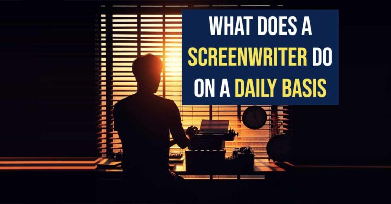 Silhouette of a screenwriter working on a typewriter late into the night while sunrise peeps through venetian blinds.