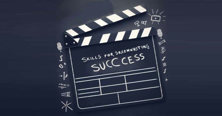 Film clapboard with text that reads Skills For Screenwriting Success written on a chalkboard background.