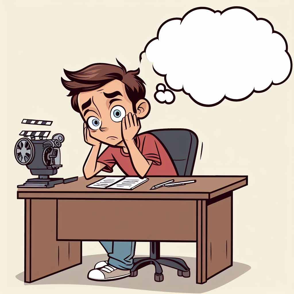 A cartoon drawing of an anxious screenwriter at a desk. There is an empty thought bubble over their head indicating lack of ideas.