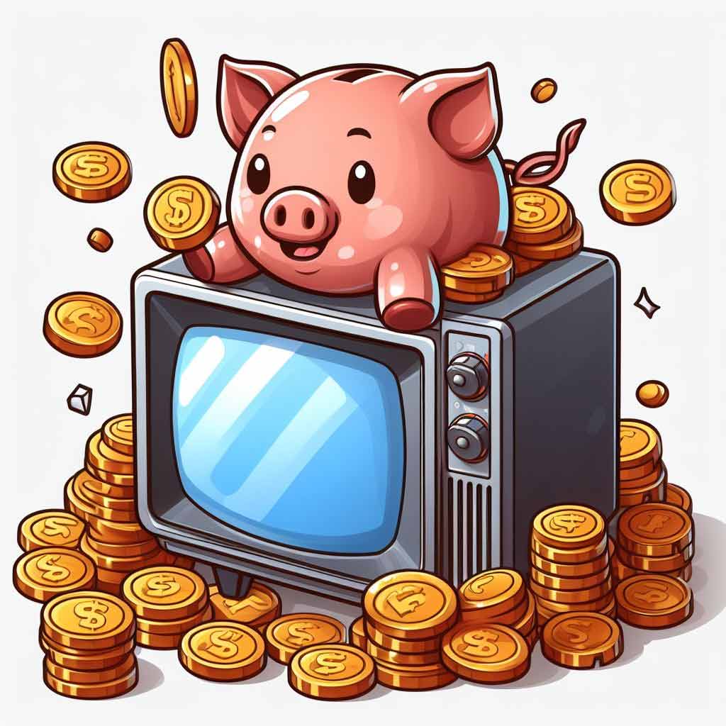 A cartoon piggy bank in the shape of a bulbous vintage TV set. It is filled to overflowing with gold coins spilling out.