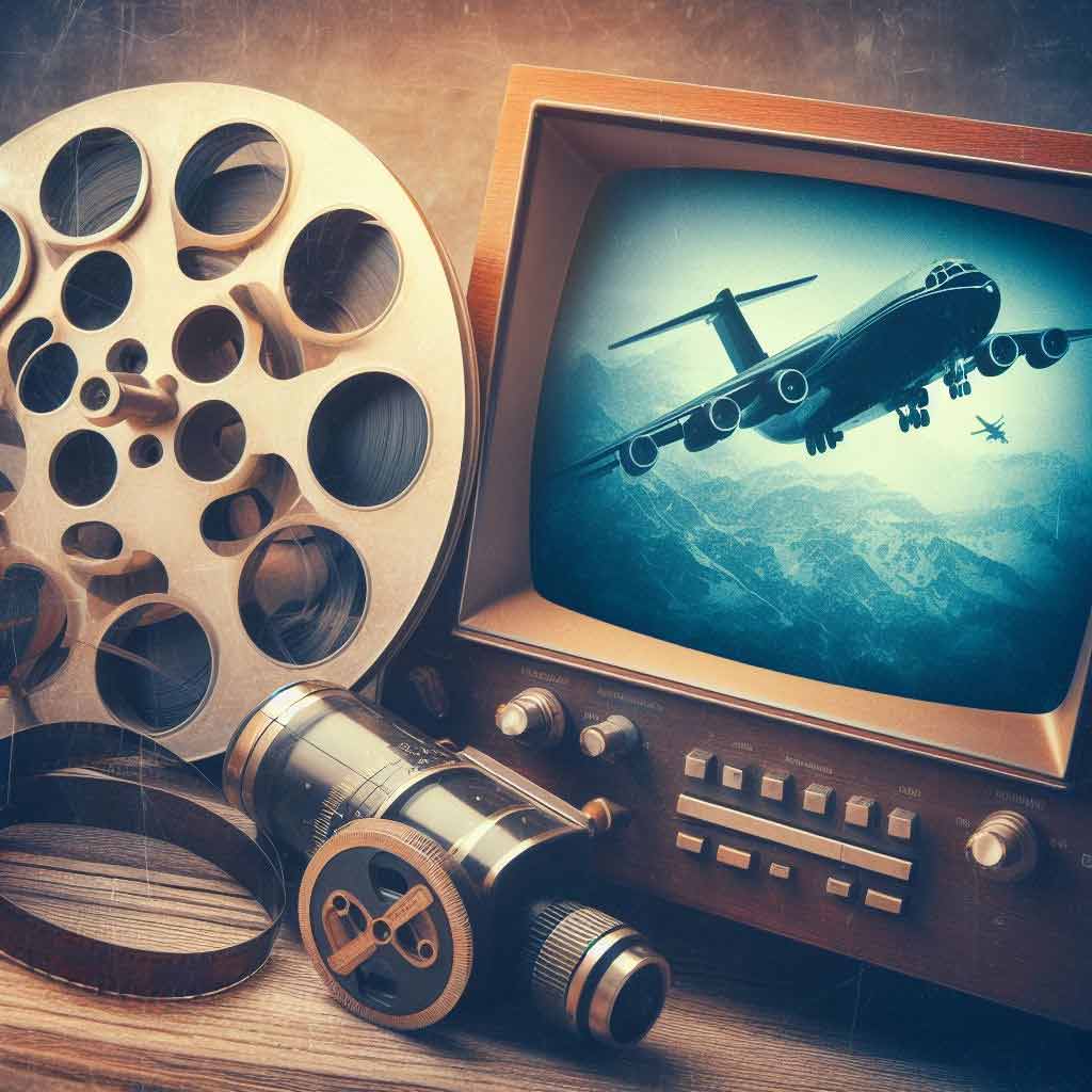 A collage of images showing a TV streaming a movie next to an old fashioned film reel.
