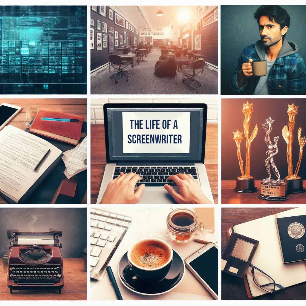 A collage of photos depicting the hard work and dedication of professional screenwriters. Images include a writer's room, a laptop open to scriptwriting software, crumpled pieces of paper, coffee mugs and notebooks on a desk, and a golden award statue for screenwriting.