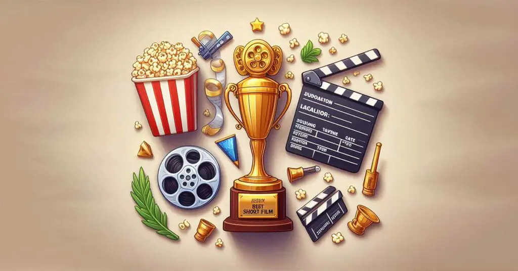 A top-down photograph depicting objects related to short film competitions including a Best Short Film trophy, engraved film reel, laurel wreath, clapperboard, judging ballots, and popcorn all arranged together on a wooden table.