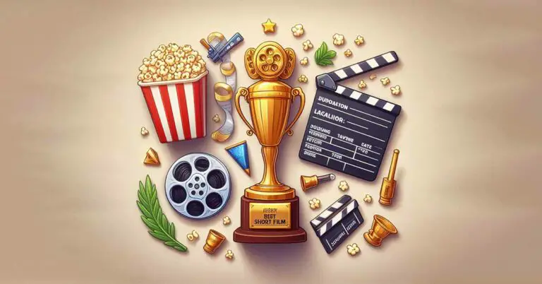 A top-down photograph depicting objects related to short film competitions including a Best Short Film trophy, engraved film reel, laurel wreath, clapperboard, judging ballots, and popcorn all arranged together on a wooden table.