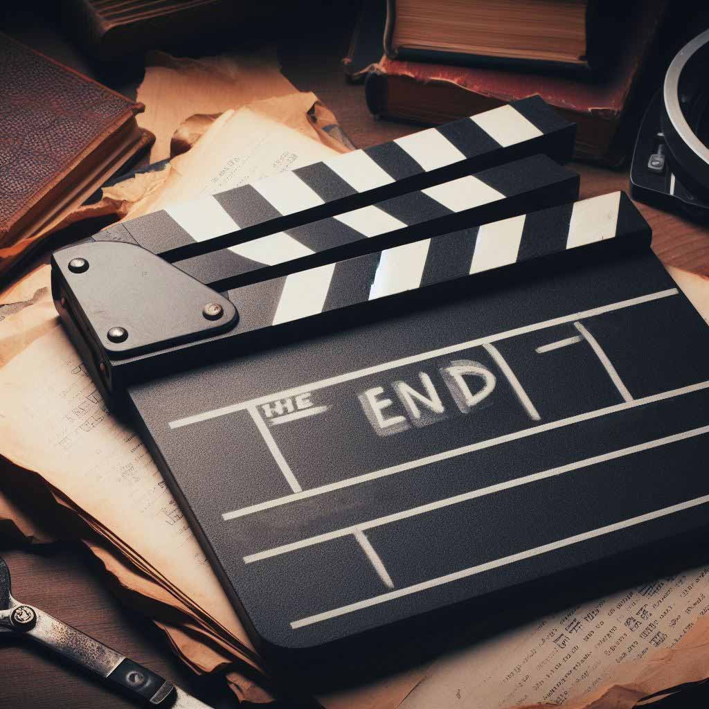 A clapperboard slate displays "The End" against a stack of screenplay scripts, signifying completion.