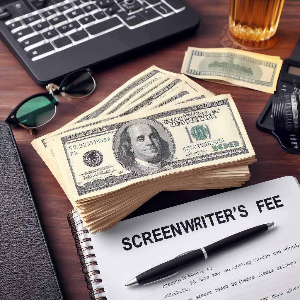 A stack of cash and a film script representing a screenwriter's upfront fee payment