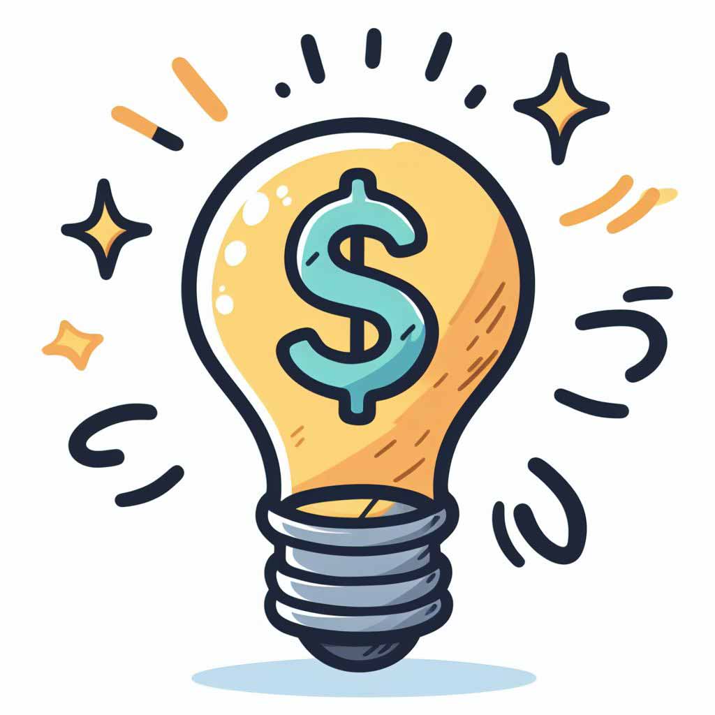 A cartoon lightbulb with a dollar sign inside to represent tips and tricks