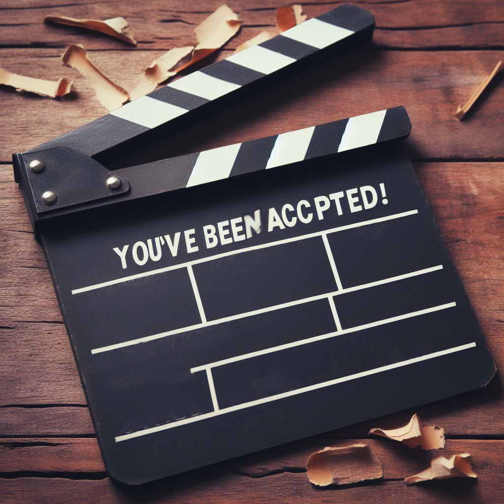 A vintage movie clapperboard with text that reads "You've Been Accepted!"