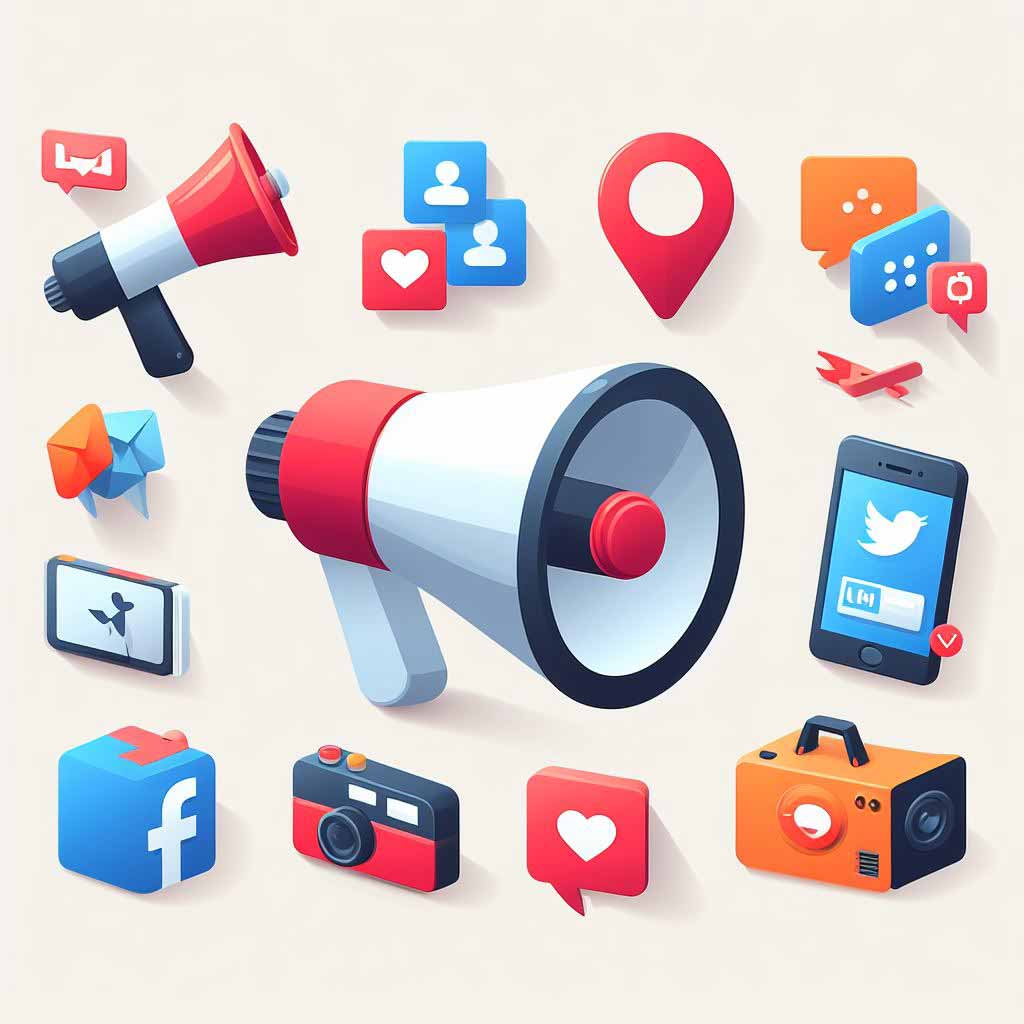 Social media icons with megaphones depicting amplifying your voice online