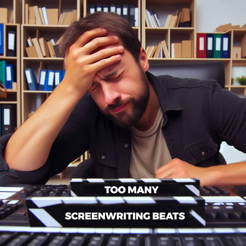 Meme style image of frustrated movie director facepalming over challenges with poorly placed or too many script beats