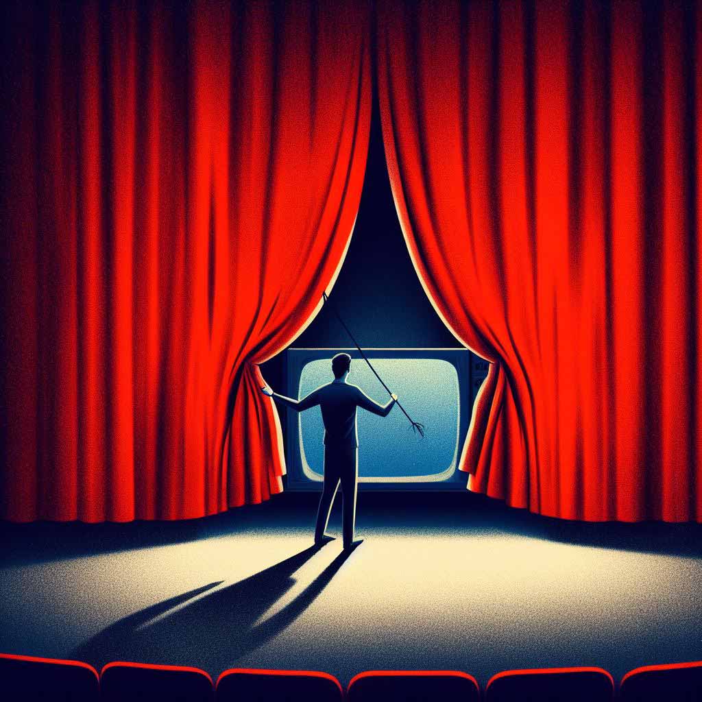 A man pulls back a red velvet curtain to reveal a large movie screen behind it, symbolizing breaking into Hollywood as a screenwriter.