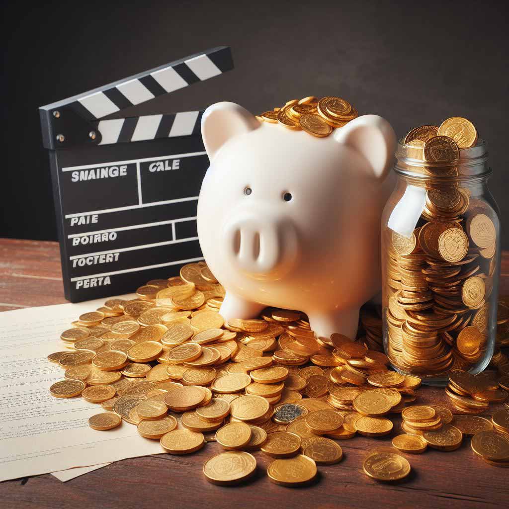 An overflowing piggy bank representing accumulating screenwriter royalties over time