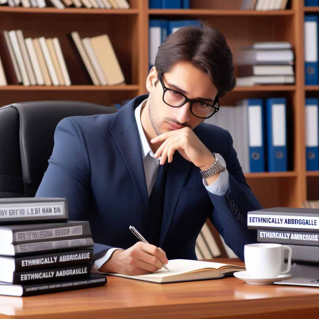A screenwriter building his personal brand at his desk with published books bearing his name