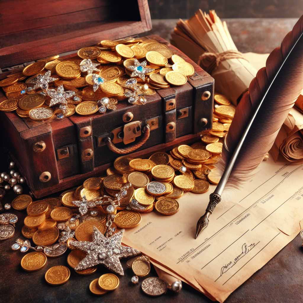 An antique treasure chest overflowing with gold coins, precious gems, and royalty checks next to a quill pen writing on film script pages