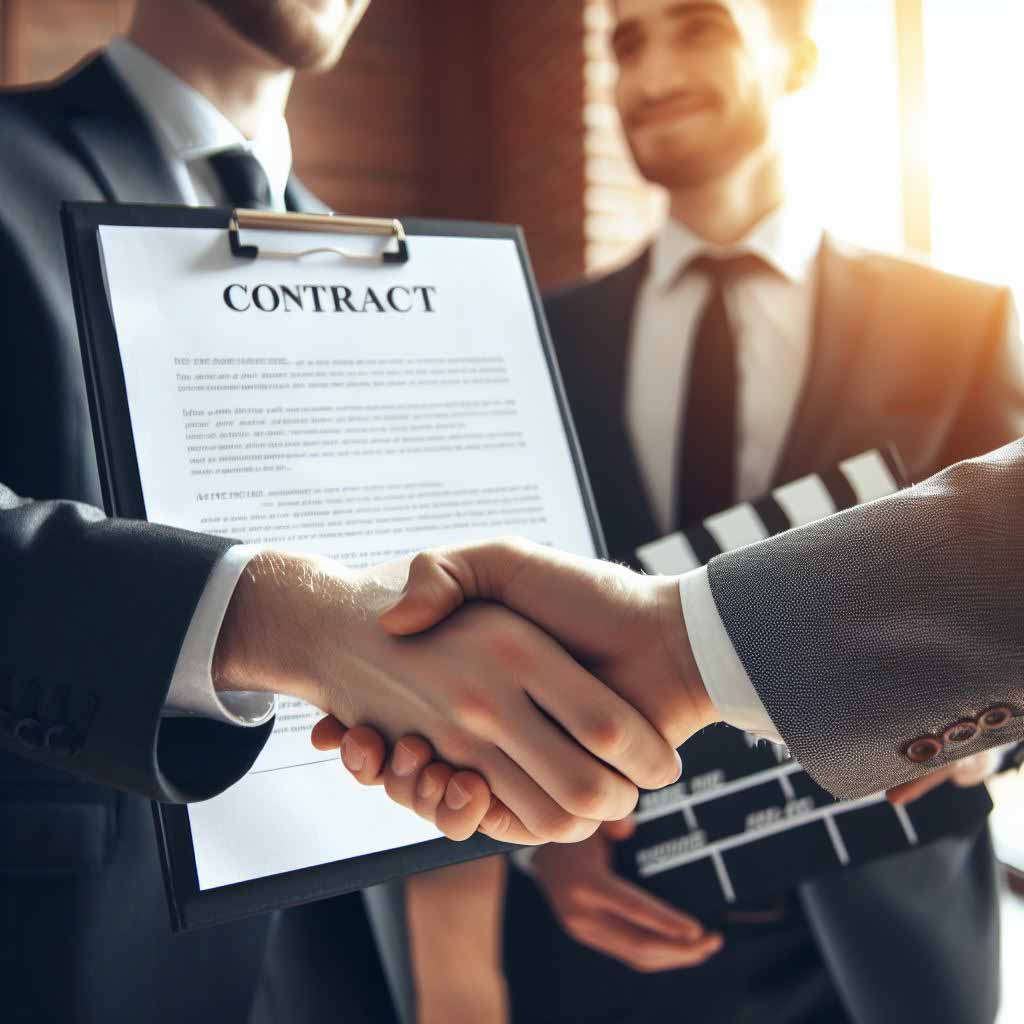 Two business partners shaking hands with one holding a script, closing a deal