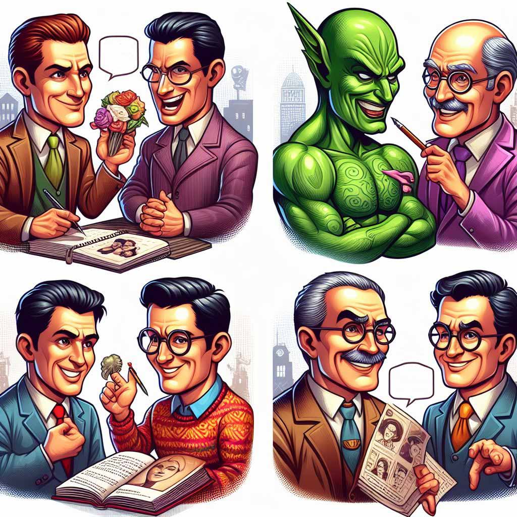 Caricatures of movie hero, villain, mentor and sidekick interacting
