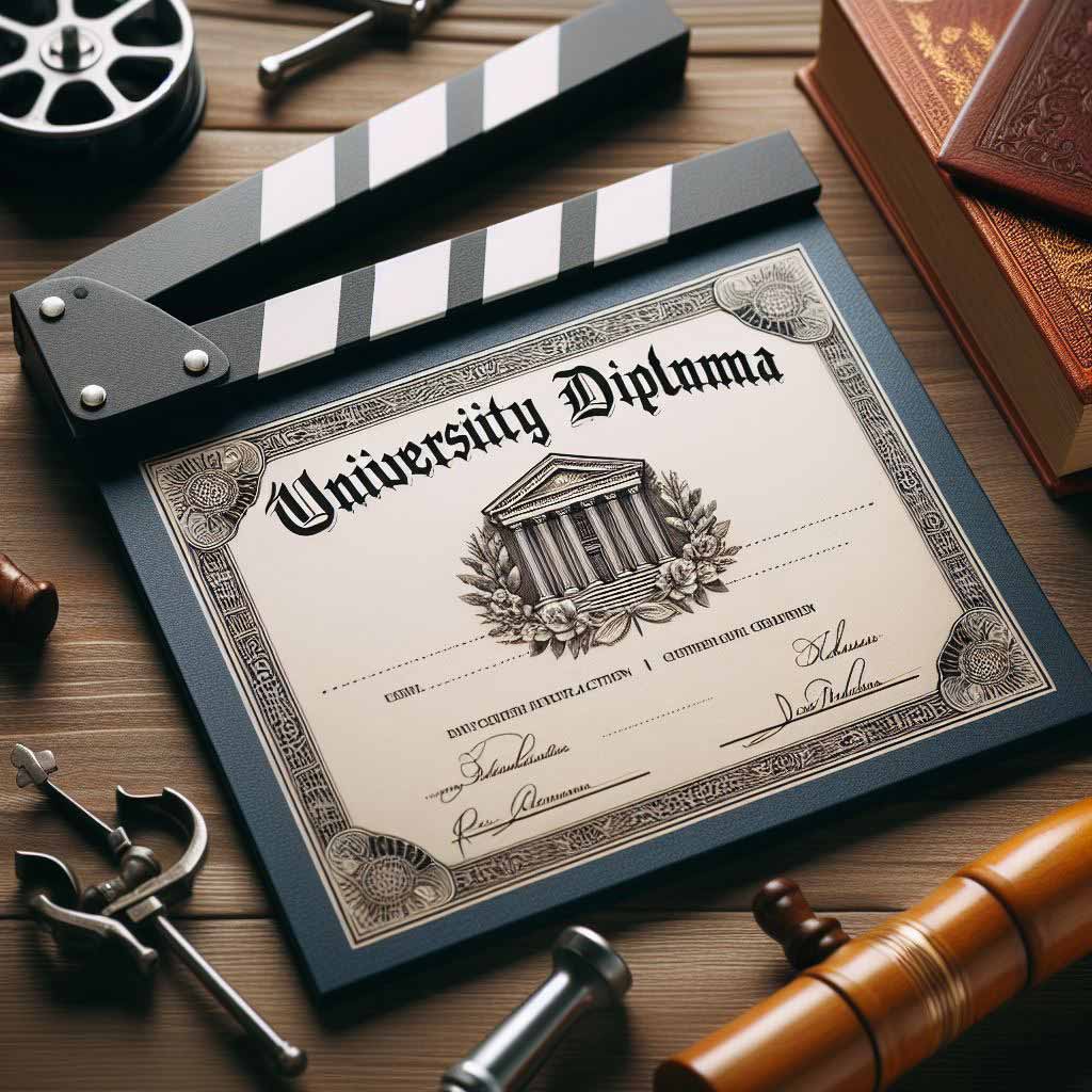 A university diploma certificate granted to a Master's in Screenwriting graduate has an ornamental film clapperboard decoration in the border, symbolizing a specialized degree from a prestigious film and scriptwriting program.