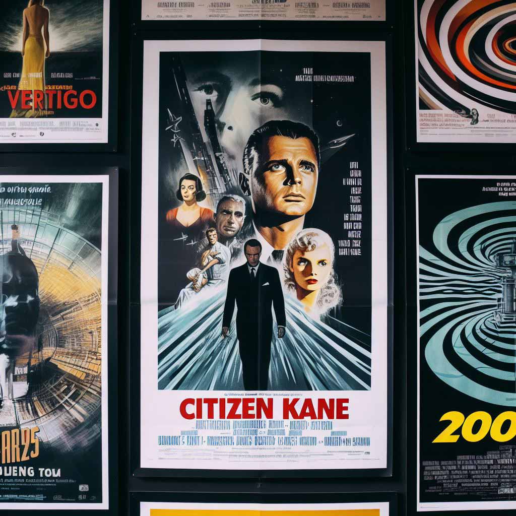 Classic movie posters for films like Citizen Kane, Vertigo, and 2001: A Space Odyssey
