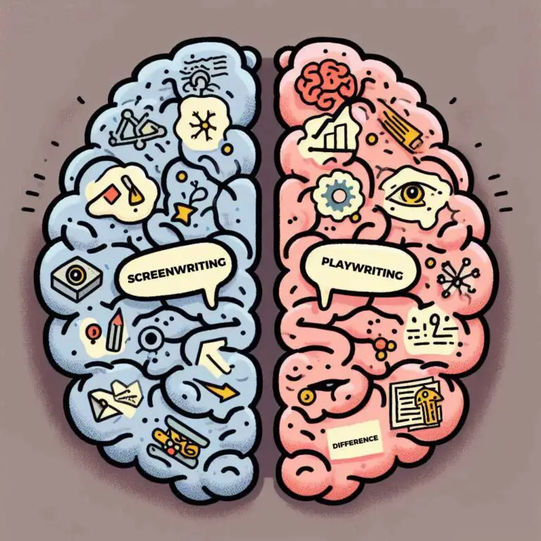 Half of a human brain labeled "screenwriting' shows thought bubbles with symbols of clapboards, cameras, worldwide locations, while the other brain half labeled "playwriting" imagines thought bubbles showing theater masks, script pages, heart symbols representing emotions. A creative featured image highlighting differences between writing scripts for film production compared to the unique approach playwrights take.