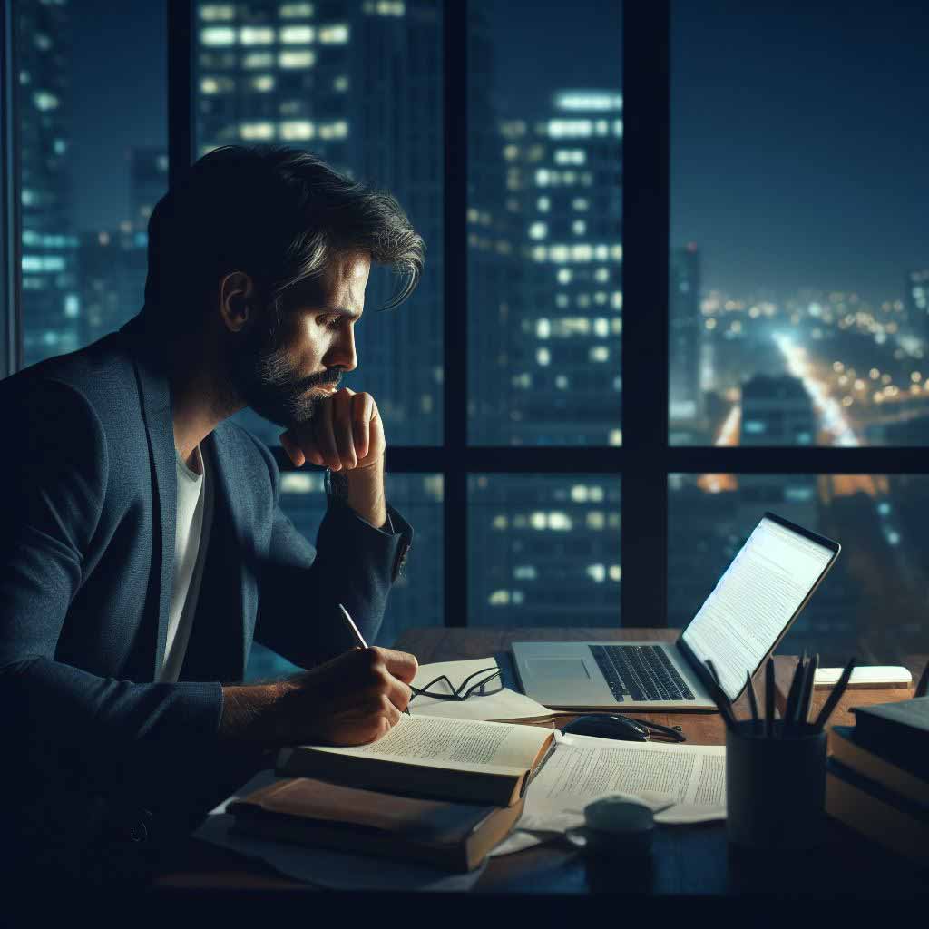 A pensive, thoughtful writer works alone late into the night, facing a window overlooking a city skyline, reflecting on their screenwriting career path.