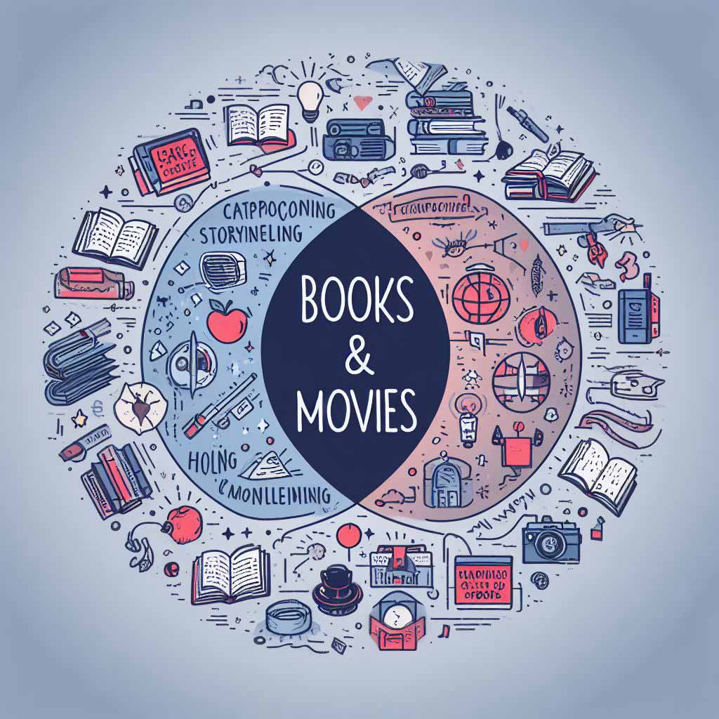 Venn diagram with novel and movie media circles overlapping to highlight shared storytelling principles