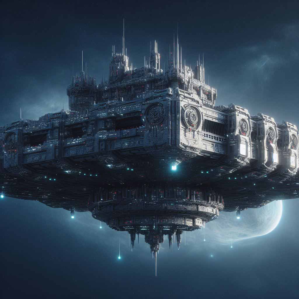 A magnificent sci-fi castle floating in space with nebulas in the background, representing fictional worlds requiring invented character names.