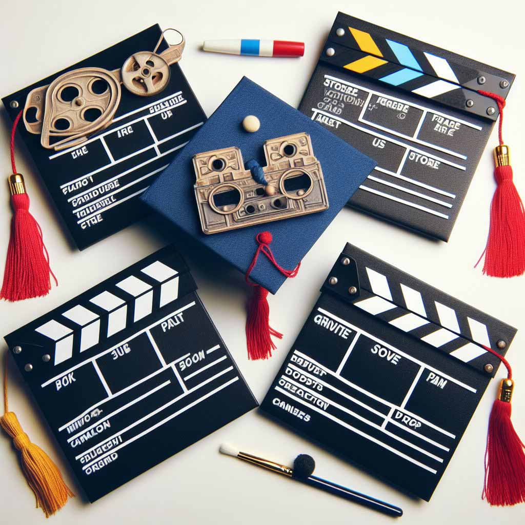 Three student graduation caps decorated colorfully with clapperboard slate motifs, film reels, and movie camera designs to tie academic celebration to excellence in screenwriting and cinematic arts.