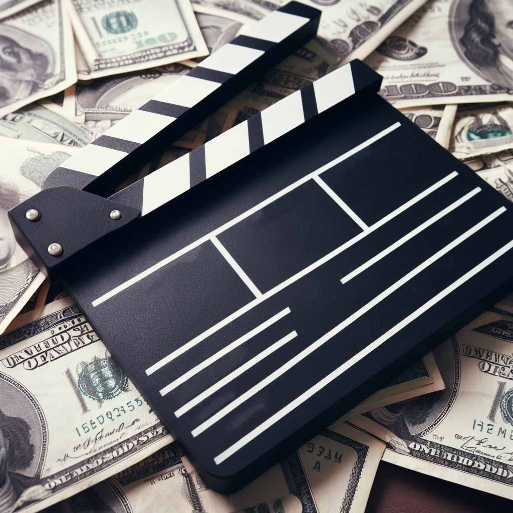 A classic analog film slate clapperboard sitting on top of a large stack of US hundred dollar bills, symbolizing the multiple revenue streams possible for screenwriters.