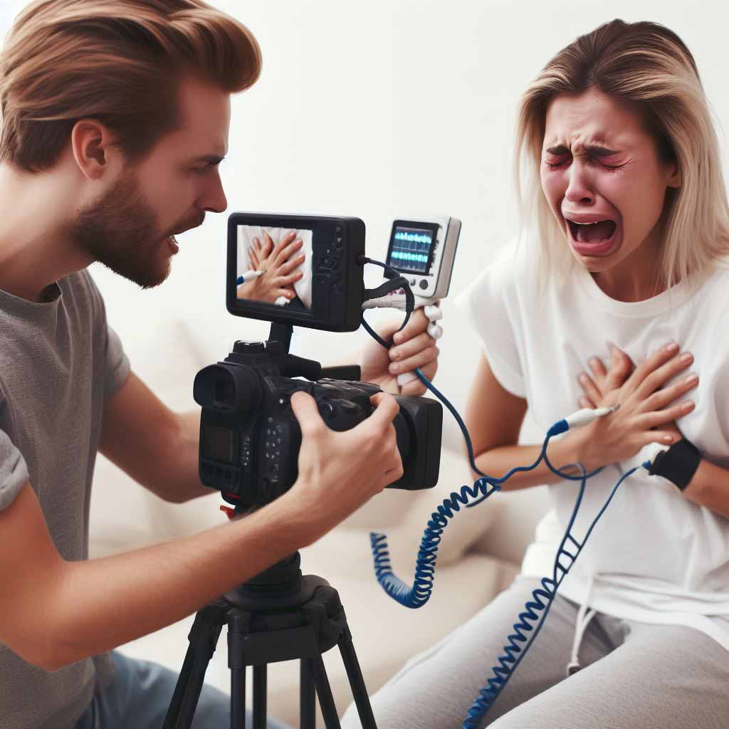 A movie director focuses intently through a camera while filming a crying actress in front of a beeping heart monitor medical device on a film set, visually representing the concept of emotional story beats in scripts.