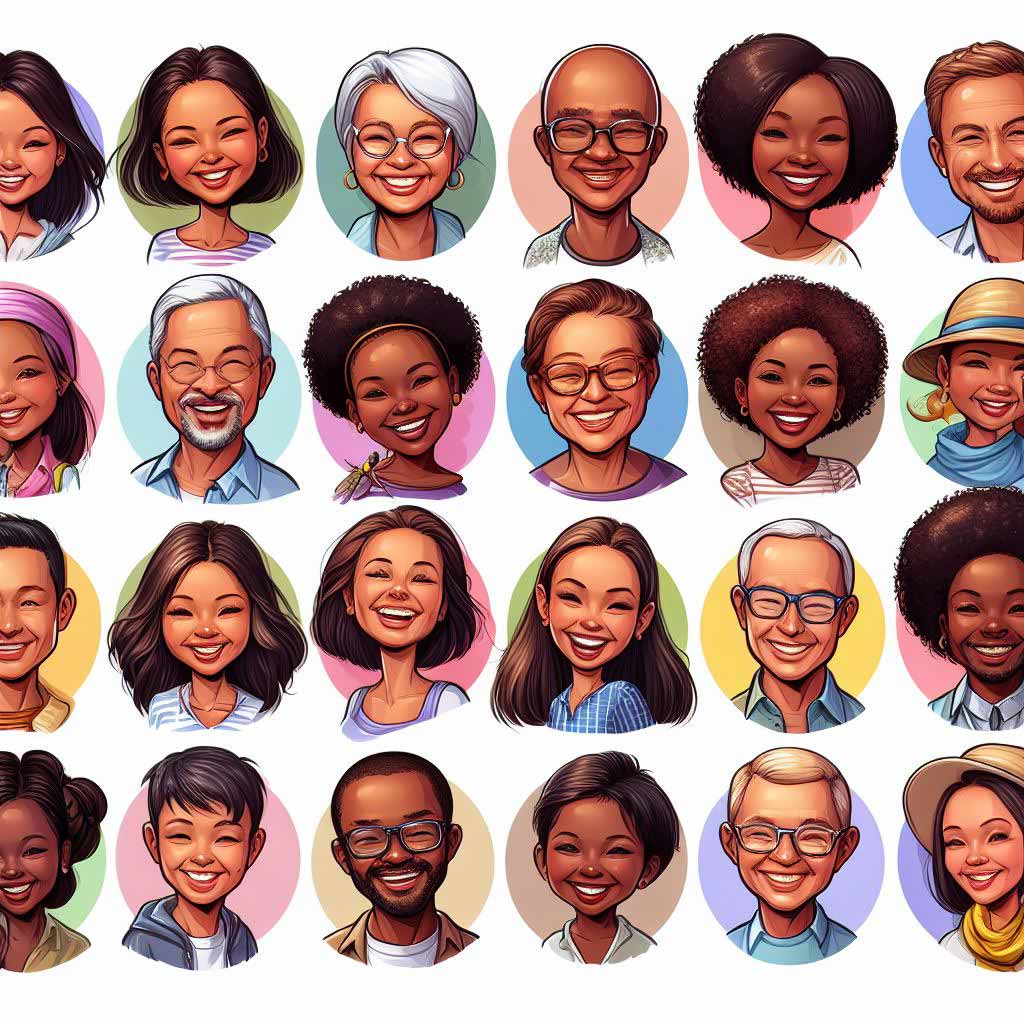 Colorful cartoon faces of people from different cultures smiling, representing diversity in character naming.
