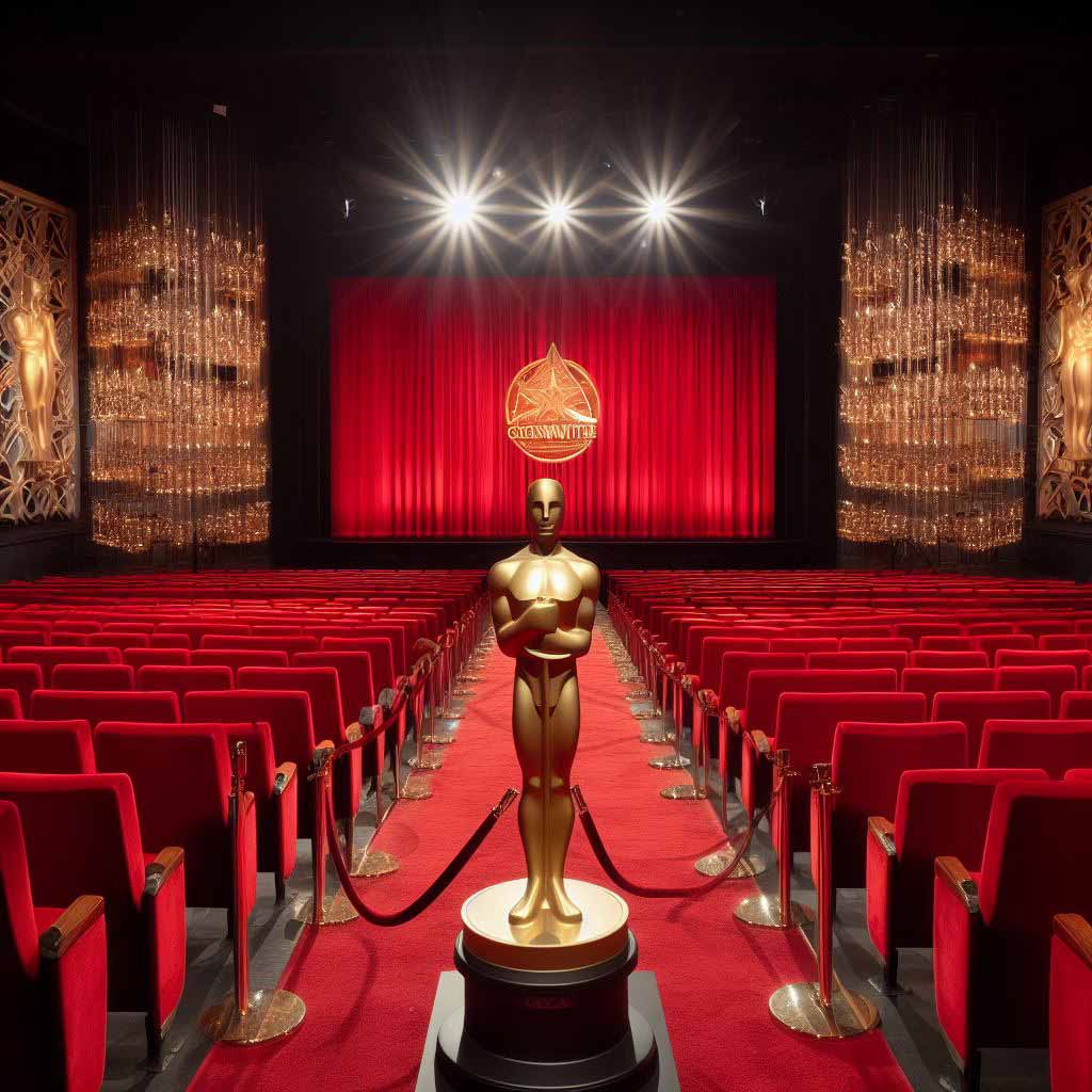 Ornate, regal Hollywood awards statue for a screenwriting achievement displayed behind protective velvet ropes gazes out imperiously at a series of empty antique movie theater seats representing the writers' creative medium.