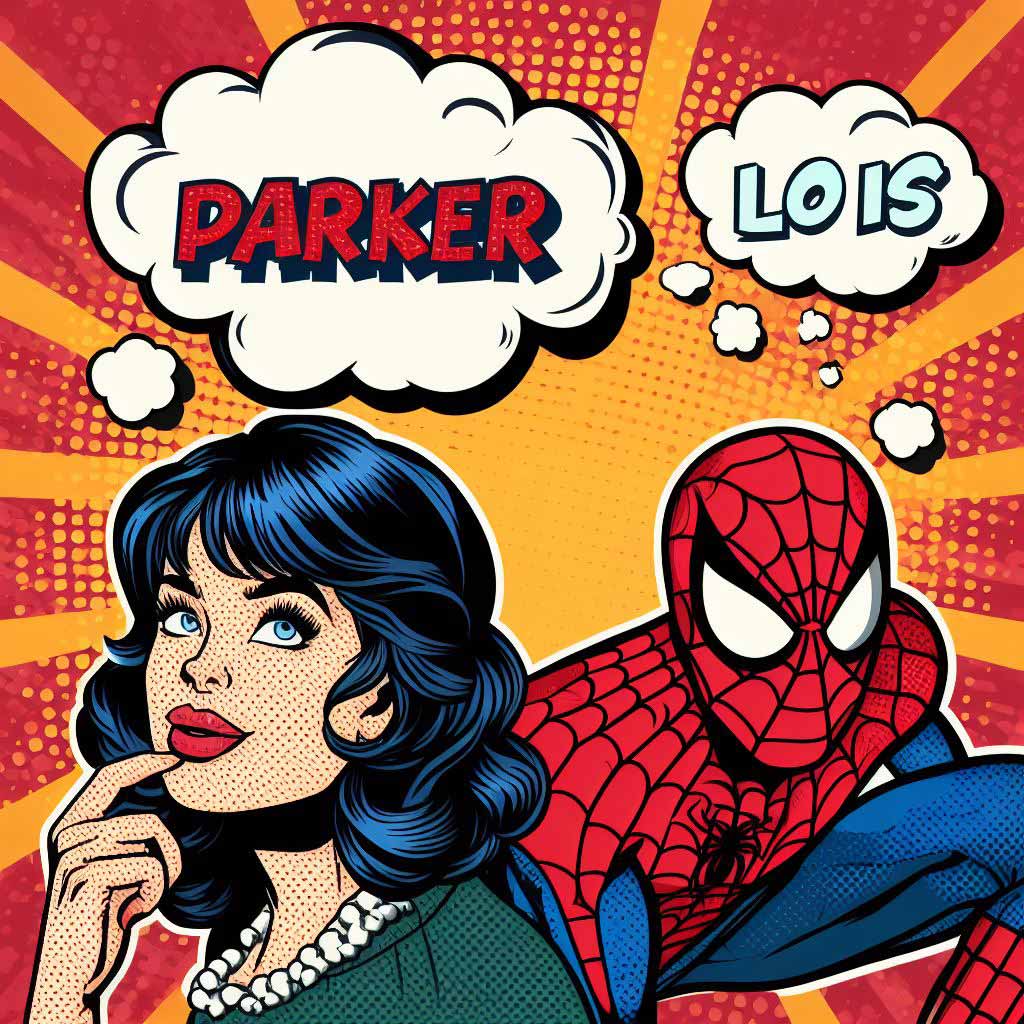 A yellow comic-style speech bubble with the alliterative names Peter Parker and Lois Lane in red letters, tying to examples of alliterative character names.
