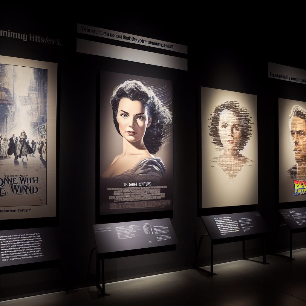Museum exhibit display of printed logline canvas paintings for Gone With the Wind, The Social Network, and Back to the Future illuminated by spotlights