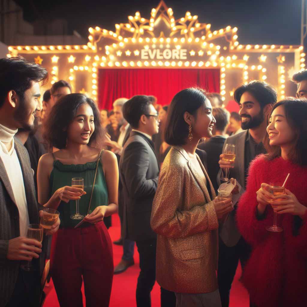 People networking at a film industry party in front of a red carpet backdrop. Represents industry networking.