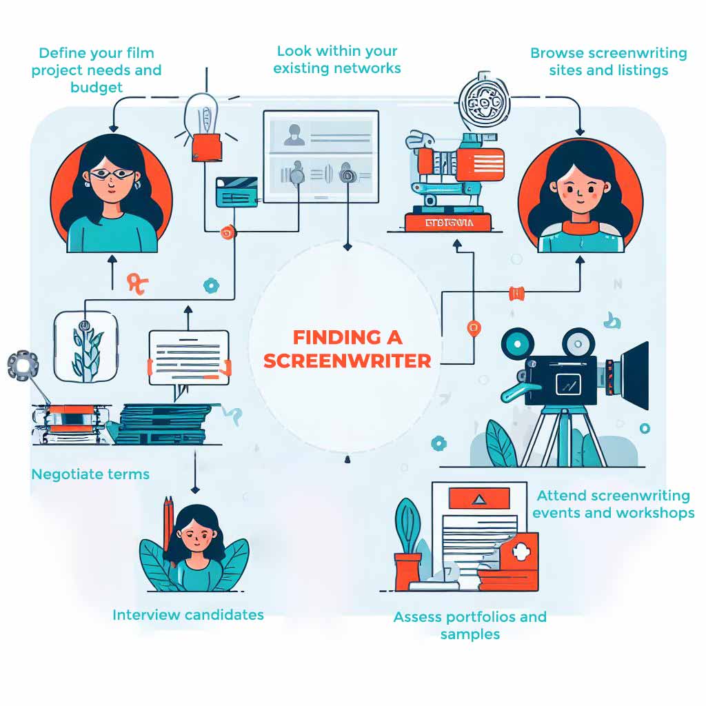 A infographic with illustrated steps for finding and hiring a screenwriter